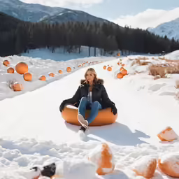 a woman is sitting in an orange tube and snow