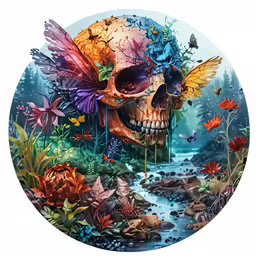 a skull is standing on the edge of a lake