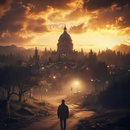 the lone man is walking towards the golden building