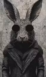 an animal wearing a coat with hoods and eye glasses