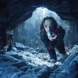 woman with canned beverage in the cold cave