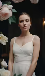 a woman in a dress looking back in front of a bunch of flowers