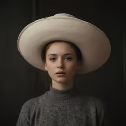 the woman is wearing a large, white hat