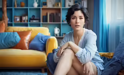 a woman sitting on top of a blue couch in a room