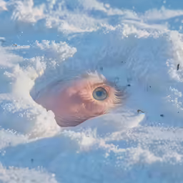 an object in the snow with its eyes slightly open