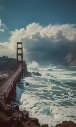 water surrounds a pier with waves crashing on the rocks