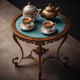 a small table with two tea pots on it