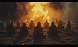 a group of people sitting next to a fire