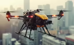 a yellow and black camera controlled helicopter flying over the city