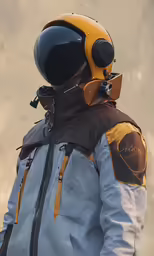 the helmet and goggles is attached to the back of a jacket