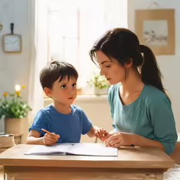 a woman and child at a desk working on homework