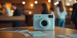 a camera sitting on top of a table next to a woman