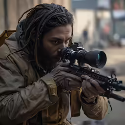 the man with dread locks is shooting a gun