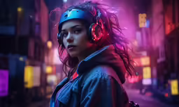 a woman with headphones in a dark alley