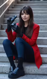 a woman wearing black gloves and holding up a camera
