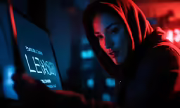 a woman using a laptop at night with city lights