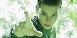a woman pointing her finger at the camera