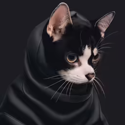 cat wearing a shawl is looking sideways