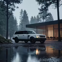 a white suv parked in front of a house on a wet ground