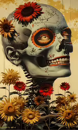 a skull with flowers in his mouth near a fence
