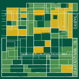 the cover for an exhibition with yellow squares,a green and yellow square map with the words, city life