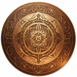 an old, well - engraved circular copper decoration