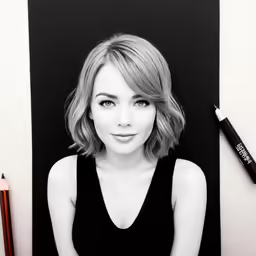 a woman that is sitting down in front of some pencils