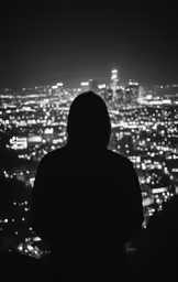 silhouetted person facing the city in black and white