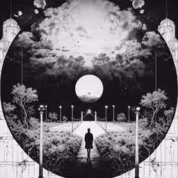 a person walking in a park with trees and street lights,a person walking through the distance towards a full moon