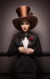 a woman wearing a suit and hat with flowers