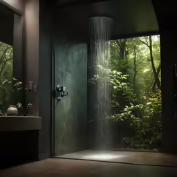 shower with nozzler and wood floor in dark lit bathroom
