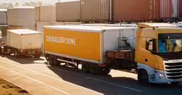 a number of trucks parked in the middle of a road,a group of large cargo trucks traveling down a road