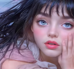 a woman with a wet hair, blue eyes and long black bangs holding her hand on her head