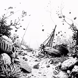 a picture of an underwater scene with a boat and plants