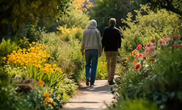 two people walking together down a path in a field