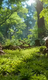 green grassy area next to trees with sun shining