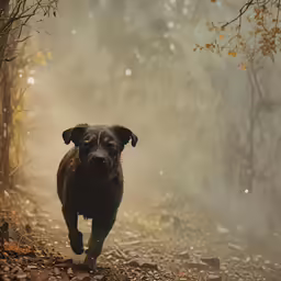 a black dog in the woods running