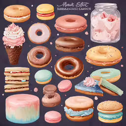 a variety of donuts are depicted in this image,a large variety of different donuts with frosting and icing