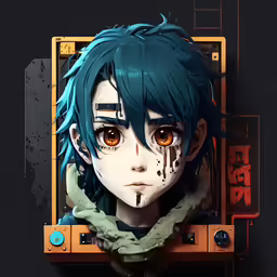 a anime figure that has orange eyes, black hair and green hair