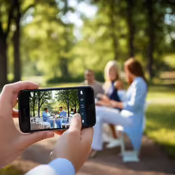someone taking pictures with their phone while others sit at picnic tables