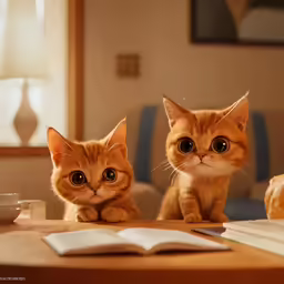 two orange tabby kittens are standing around a table