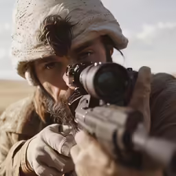 a female hunter aiming a gun at an approaching target
