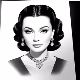 a woman with large necklaces and a black and white photograph
