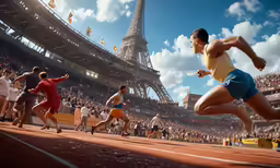 a group of men running on a brown tennis court