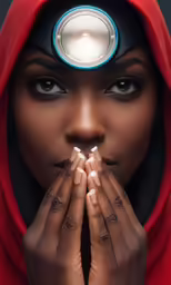 an african american woman wearing a red cloak has her hands together to pray