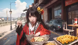 a girl dressed in red holding a basket of fried food