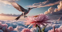 a bird flying above a large bunch of flowers