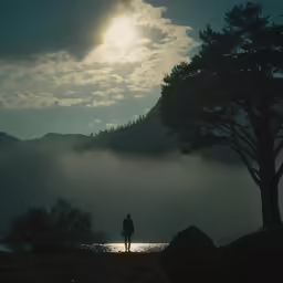 a person walking alone in the woods at sunset