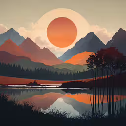 an abstract painting of mountains in front of water,a painting with trees and a mountain in the background