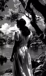 a woman in an old fashioned dress looking out at the river
